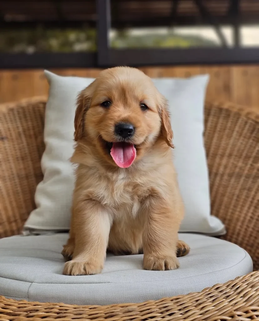 Cachorro Golden Retriever dorado sonriendo en un sillón de mimbre