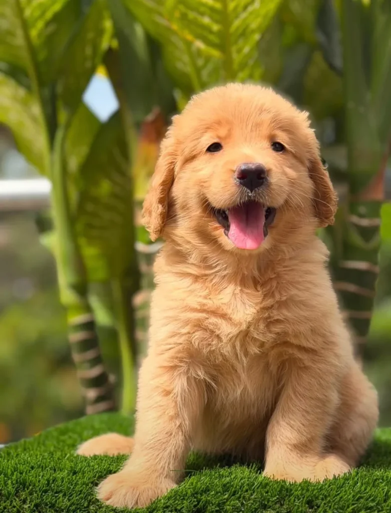 Cachorro Golden Retriever dorado sonriendo entre plantas