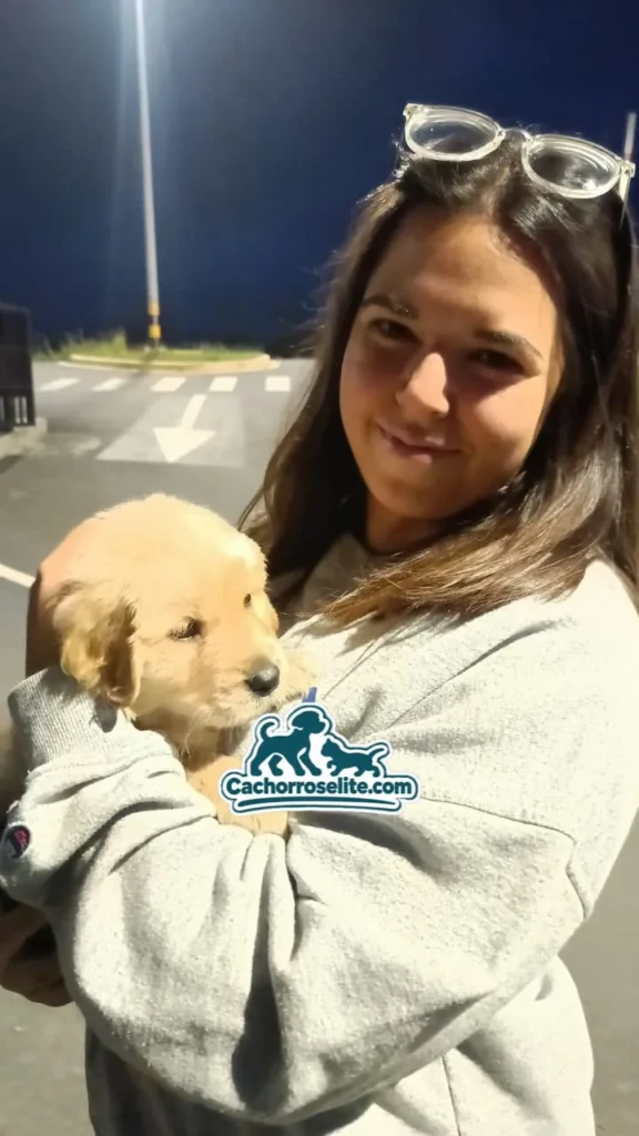 Clienta sonríe con su cachorro Golden Retriever en brazos el día de la entrega